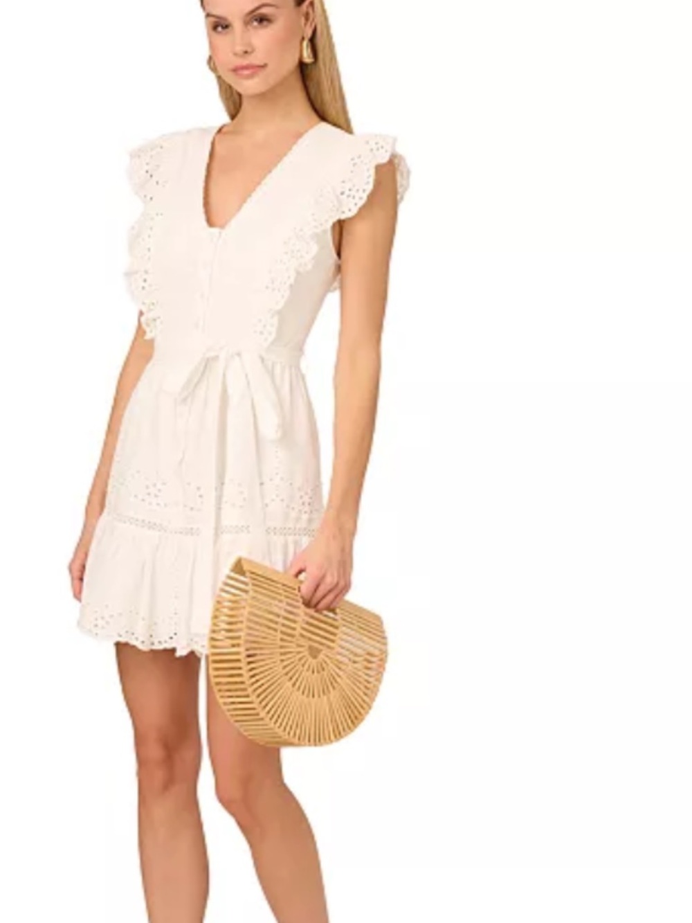 V-Neck White Eyelet Tie-Waist Mini Dress with Flutter Sleeves